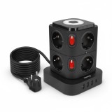 Prelungitor vertical cu LED, 8 prize AC, 3 USB-A + 1 USB-C &ndash; Incarcare rapida mobila, Lampa de noptiera deasupra, CABLU 1.8M, NEGRU