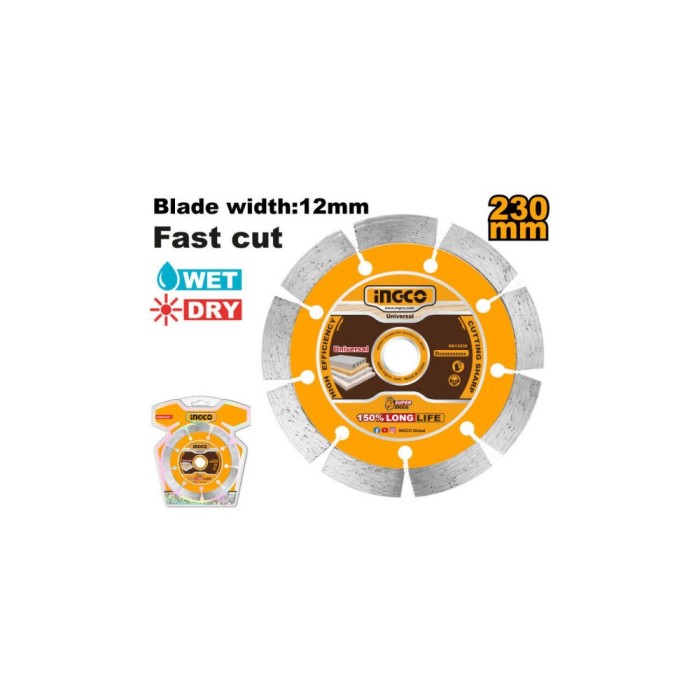 Disc diamantat segmentat 230 x 12 mm, pentru taierea pietrei, betonului si ceramicii - Ingco DMD0123013