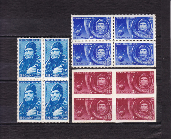 ROMANIA 1961 LP 516 LP 516 a PRIMUL OM IN COSMOS BLOCURI DE 4 TIMBRE MNH