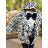 Costum botez 5 piese stofa, carouri albastru - DPH350