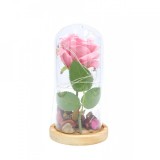 Cumpara ieftin Trandafir Artificial in Cupola Sticla cu LED, Baza Lemn, 22cm, Roz/Alb - Decoratiune Romantica Casa
