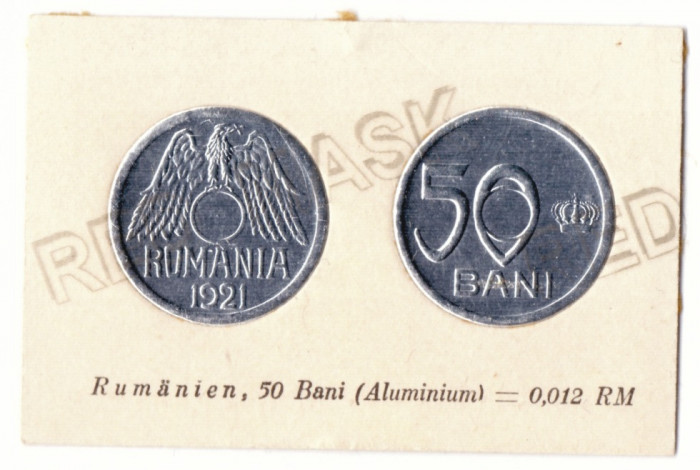 50 BANI 1921 - Aluminiu COINS, Reclama FERDINAND, Carton Embosat ( 6,5/4 cm )