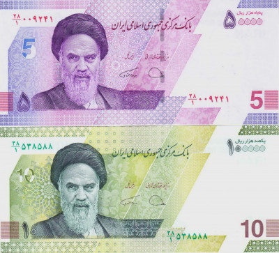 Bancnota Iran 50.000 si 100.000 Riali (5 si 10 Riali noi 2020/21) - UNC (set x2) foto