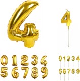 Set aniversar cu balon si lumanare pentru 4 ani REVIBOS, folie/ceara, auriu, 100 cm / 12,5 x 3,5 cm