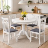Cumpara ieftin Set masa living rotunda Montreal, lemn masiv, MDF, 90x73.8 cm si 4 scaune Rebecca, tapiterie stofa,100 kg, 94x49x43.5 cm, alb gri