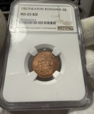 2 Bani 1867 Heaton, Romania, NGC MS65RD, cea mai buna culoare, piesa superba