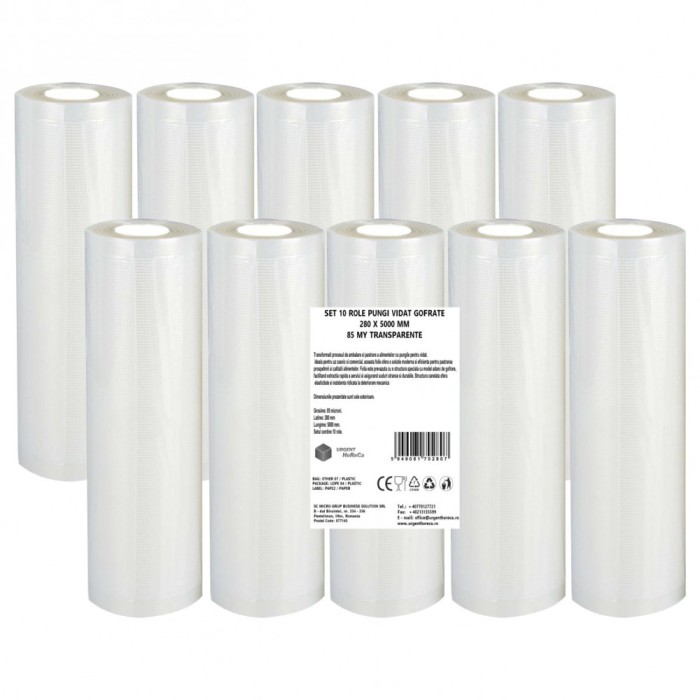 Set 10 role pungi vidat gofrate, dimensiuni 280x5000 mm, transparente, grosime 85 microni, preparare sau depozitare Sous Vide
