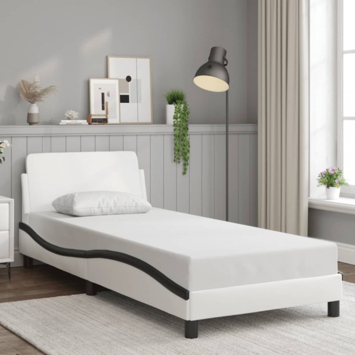 Cadru de pat cu tăblie alb și negru 90x190 cm piele artificială