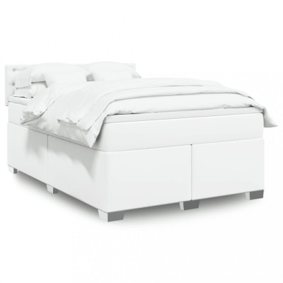 vidaXL Pat box spring cu saltea, alb, 140x200 cm, piele ecologică 3286125 foto