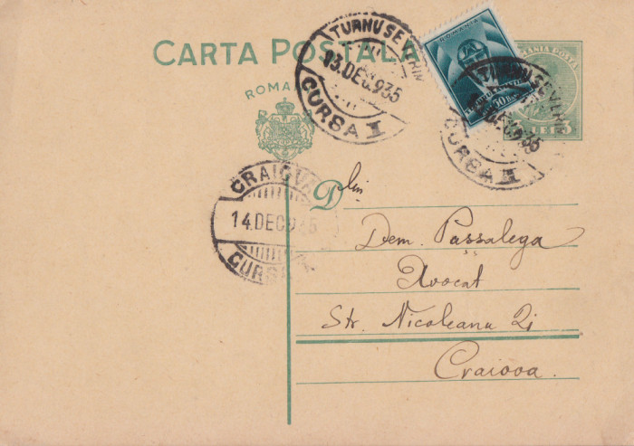 CARTE POSTALA CIRCULATA TR.SEVERIN - CRAIOVA 13 \ 14 DEC.1935