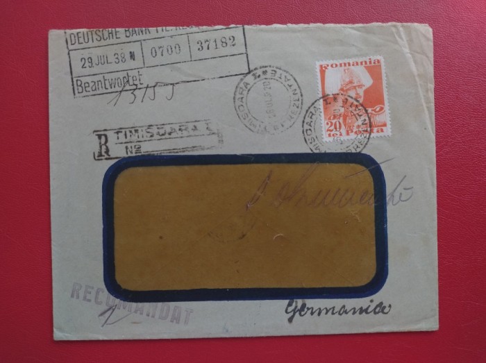 1938 - PLIC RECOMANDAT CIRCULAT IN GERMANIA