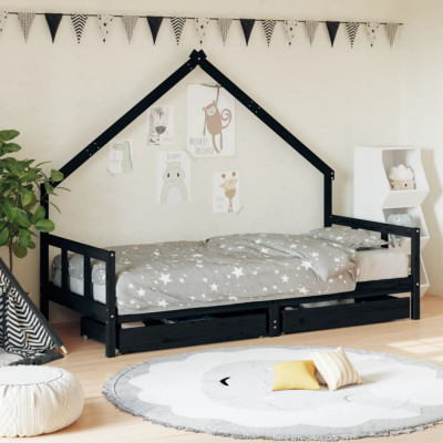 vidaXL Cadru de pat copii cu sertare, negru, 90x190 cm, lemn masiv pin foto