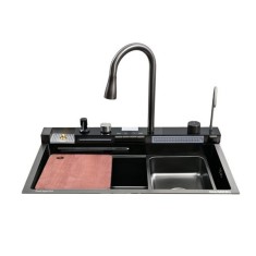 Chiuvetă bucătărie multifuncțională, Duș Extractabil, Tocător Lemn, LCD Temperatură, 2 Jeturi Apă, Negru, 75x46 cm