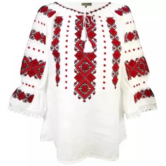 Bluza Tip Ie Traditionala Alba cu Motiv Geometric Rosu de Dama - IMS37