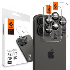 Folie de protectie Camera spate Spigen EZ FIT pentru Apple iPhone 16 Pro Max / 16 Pro / 15 Pro Max, Sticla Securizata, Set 2 bucati, Neagra AGL05217