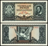 UNGARIA 10000000 zecemilioane Pengo 1945 T&iacute;zmilli&oacute; Pengő KOSSUTH LAJOS text in limba romana SUPERINFLATIE UNC