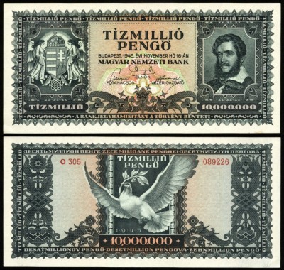 UNGARIA 10000000 zecemilioane Pengo 1945 T&amp;iacute;zmilli&amp;oacute; Pengő KOSSUTH LAJOS text in limba romana SUPERINFLATIE UNC foto