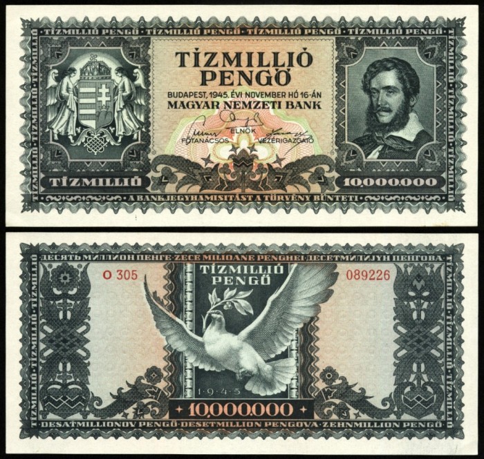 UNGARIA 10000000 zecemilioane Pengo 1945 T&iacute;zmilli&oacute; Pengő KOSSUTH LAJOS text in limba romana SUPERINFLATIE UNC