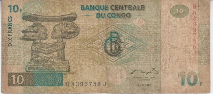 B11 - Bancnota foarte veche - Congo - 10 franci - 1997