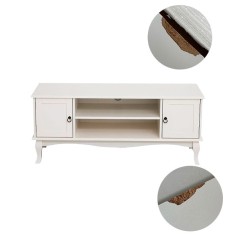 Comoda TV 120x40x50 cm, rafturi, 2 dulapuri depozitare, picioare lemn pin, MDF, alb, RESIGILAT
