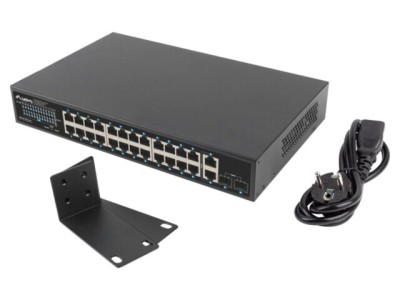 Switch Ethernet LANBERG 1U Gigabit PoE RJ45 x26 IEC C14 rack 19 negru 250m foto