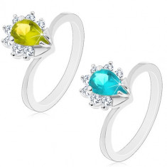 Inel de culoare argintie, zirconii colorate în formă de lacrimă cu margine transparentă strălucitoare - Marime inel: 51, Culoare: Verde