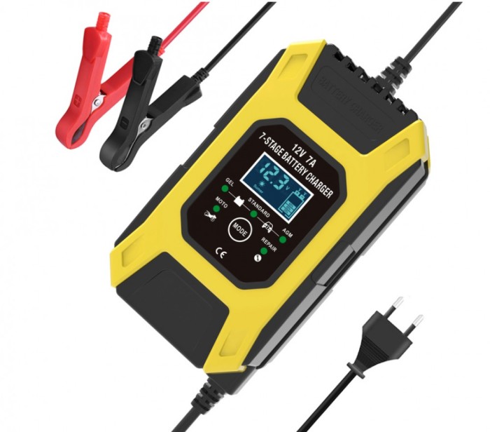 Redresor smart acumulator auto - moto,12V -7 A, cu display, inteligent, functie de reparare acumulator prin impulsuri si posibilitate incarcare bateri