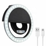 Lampa Portabila Selfie Ring Light EMC ONSHOP&reg;, Mini LED Circular pt Telefon, Tableta, Laptop, Clip-On, Incarcare USB, 3 Trepte de Luminozitate, Negru