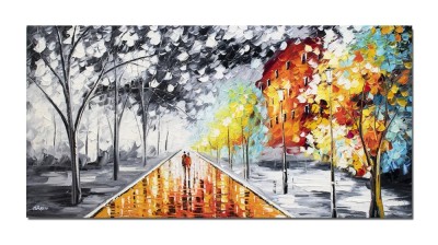 Tablouri gigant indragostiti pictat manual living, dormitor, O seara magica in doi, 140x70cm ulei pe panza in cutit efect 3D foto