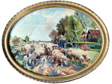 Scenă pastorală - pictură veche de formă ovală, datată 1948, Scene gen, Ulei, Fauvism