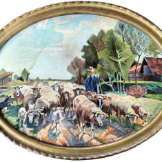Scenă pastorală - pictură veche de formă ovală, datată 1948