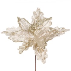Floare Decorativă Crăciun, Model Crăciuniță, Culoare Bej șampanie, Petale Catifelate, Glitter, 20cm