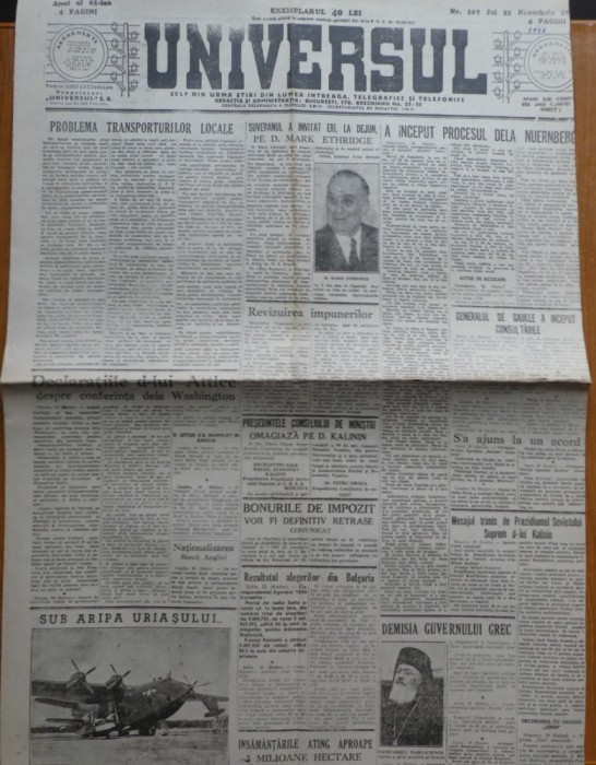 Ziarul Universul, 22 noiembrie 1946, procesul dela Nurenberg