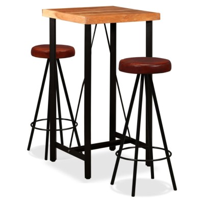 vidaXL Set mobilier bar 3 piese lemn masiv de acacia &amp;amp; piele naturală 275127 foto