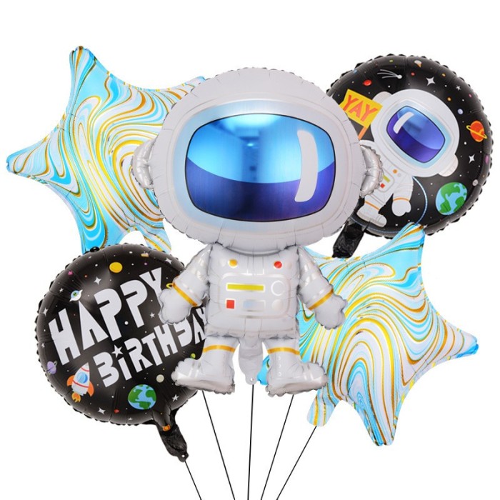 Baloane model astronaut, flippy, set din 5 baloane, 1 astronaut, 2 stele, 2 rotunde, din folie de aluminiu, adeziv si pai incluse, 78x45cm, albastru d