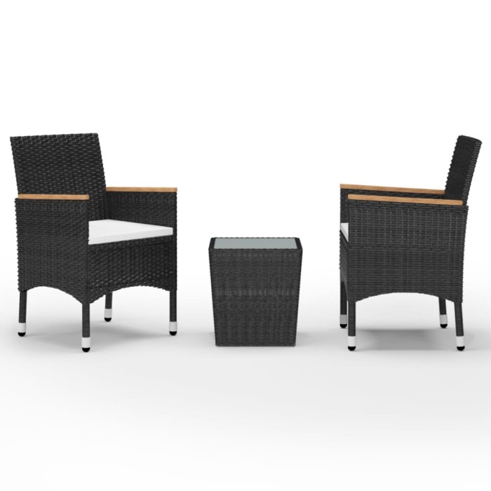 Set mobilier bistro, 3 piese, negru poliratan/sticla securizata