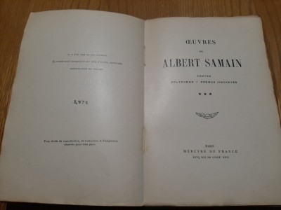 ALBERT SAMAIN - Oeuvre - Contes, Polypheme, Poemes Inacheves - Paris, 1920, 290p foto