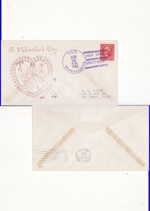 Plic SUA-Nava USS Pennsylvania-1934-Valentine&#039;s Day- marina militara