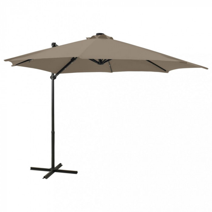 Umbrelă suspendată cu st&acirc;lp și LED-uri, gri taupe, 300 cm