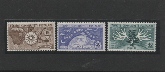 Turcia 1954-NATO,a V-a aniversare,serie 3 valori dantelate,MNH,Mi.1388-1390