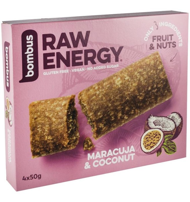 Baton Energizant cu Maracuja si Nuca de Cocos Raw Energy 4 x 50 grame Bombus Natural Energy