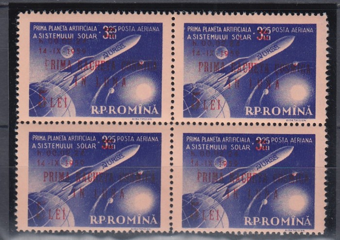 1959 LP 478 PRIMA RACHETA COSMICA IN LUNA BLOC DE 4 TIMBRE MNH