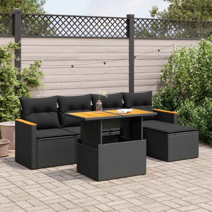 vidaXL Set mobilier grădină perne 6 piese negru poliratan/lemn acacia 3327471
