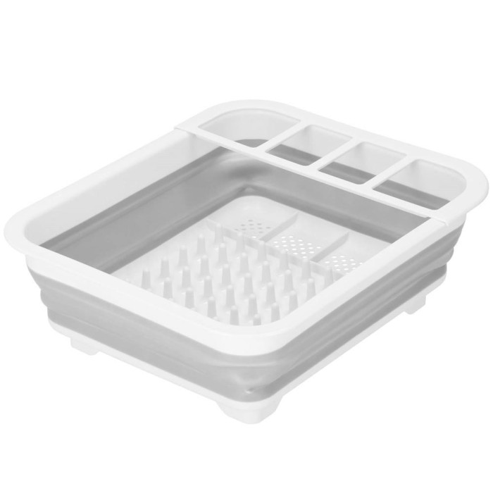 Uscator de vase pliabil, din pastic si silicon, 36x31x12cm, suport tacamuri, alb si gri Household NewTrend