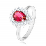 Inel din argint 925, lacrimă din zirconiu roșu rubin, margine strălucitoare transparentă - Marime inel: 59