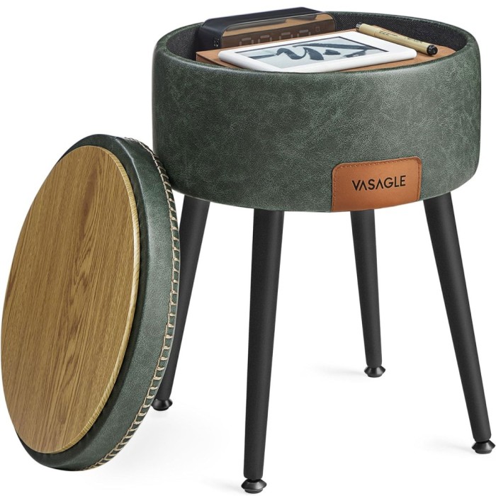 VASAGLE Taburet cu spatiu de depozitare, tapitat PU, cu 2 fete, diametru 32 cm, verde Household NewTrend