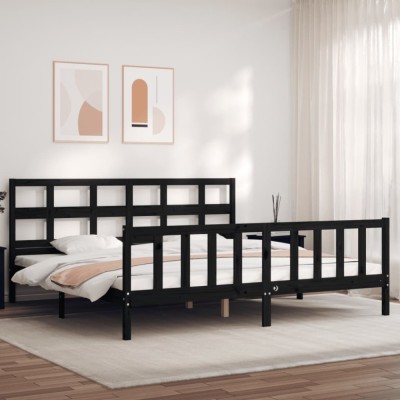 Cadru de pat cu tăblie Super King Size, negru, lemn masiv foto