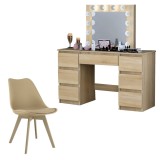 Cumpara ieftin Set masa de toaleta/machiaj Vanessa + scaun Mark, stejar, cu oglinda si LED-uri, 130x43x143 cm