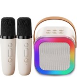 Set Boxa Bluetooth Karaoke, 2 Microfoane Wireless, Pentru Adulti si Copii, Lumini, efecte vocale, MSD Card, Type-C, Bej