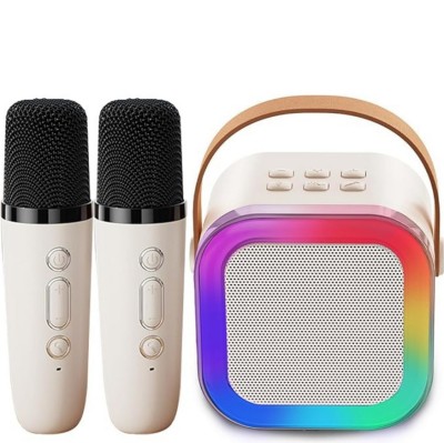 Set Boxa Bluetooth Karaoke, 2 Microfoane Wireless, Pentru Adulti si Copii, Lumini, efecte vocale, MSD Card, Type-C, Bej foto